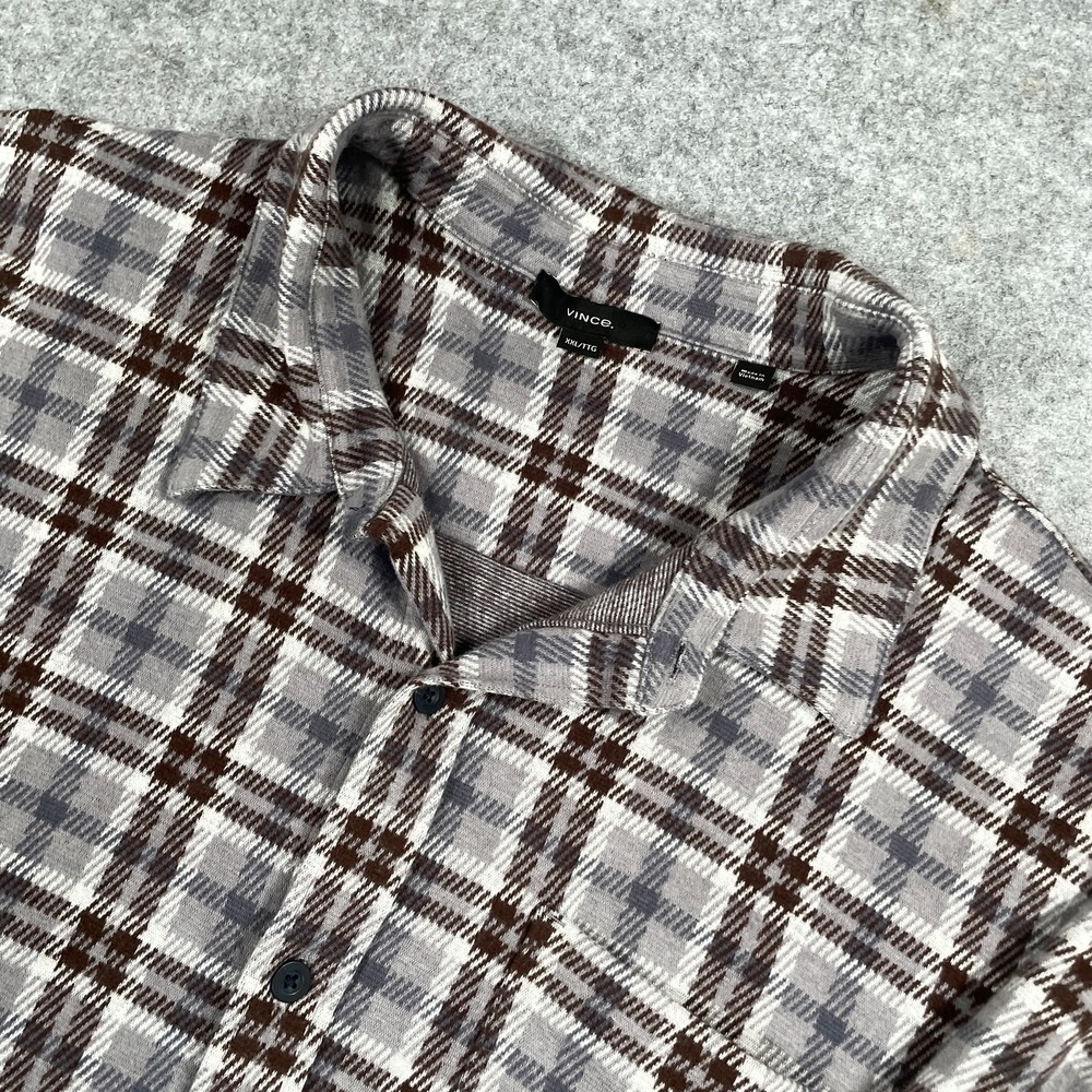 Vince Mens Plaid Button Front Shirt XXL Brown Grey Cotton Stretch Flannel Style